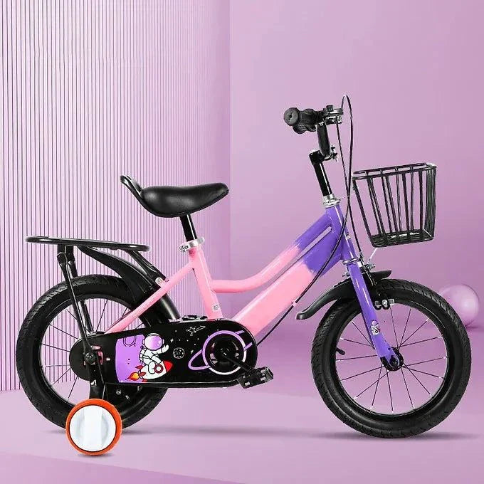 Colorful kids bike with training wheels, vibrant design, durable steel frame, and comfortable seat.
