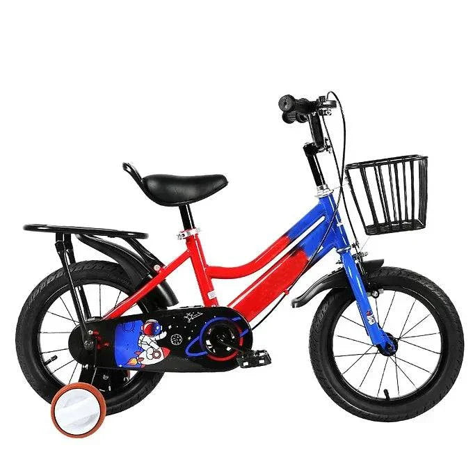 Colorful kids bike with training wheels for learning to ride.