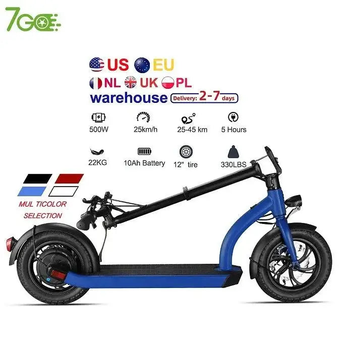 7Go H12 Electric Scooter, foldable design, 500W motor, 25-45km range, 12-inch tires, urban commuting.