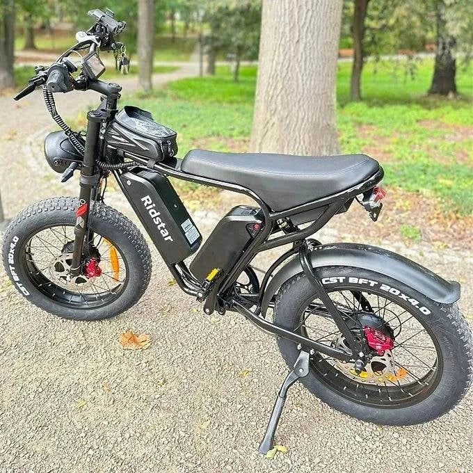 Ridstar electric bike with sleek black design on forest path.