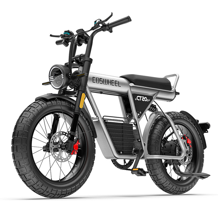 Silver coswheel C20s electric bike with black tires on a white background