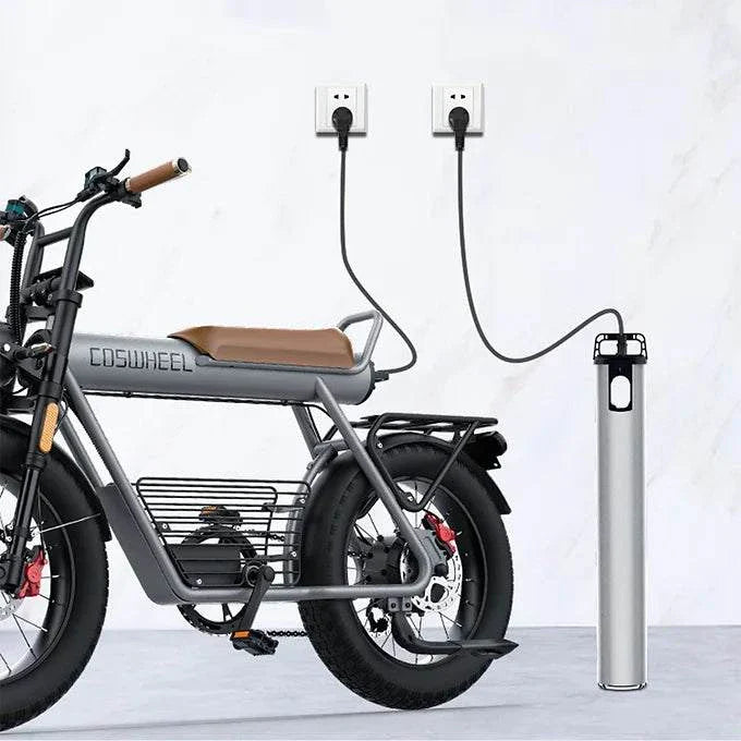 Electric cycle Coswheel CT20 with retro design charging from wall socket.