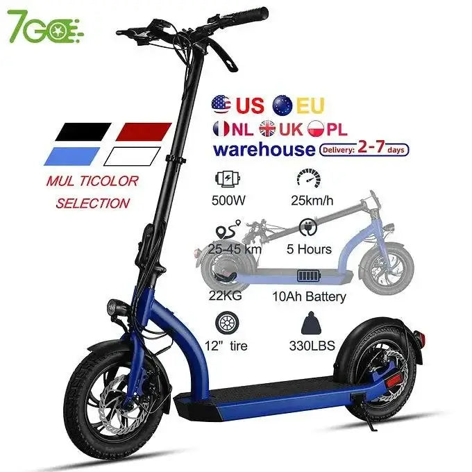 7Go H12 Foldable Electric Scooter with 500W motor, 12-inch tires, and 10Ah battery for urban commuting.